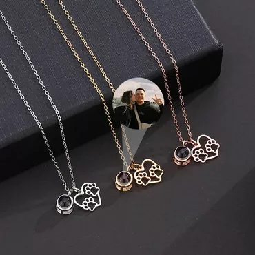 Personalized Heart Photo Projection Chic Necklace With Cute Paw Prints For Pet Lover