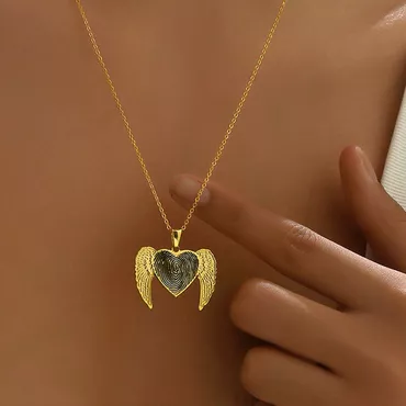 Personalized Heart Fingerprint Necklace Chic With Wings Beautiful Gift For Her