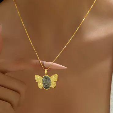 Personalized Oval Fingerprint Necklace Chic With Wings Beautiful Gift For Her