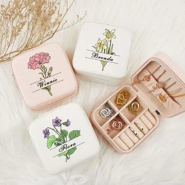 Personalized Jewelry Box With Chic Custom Name And Birthday Flowers Fashion Gift For Girlfriend