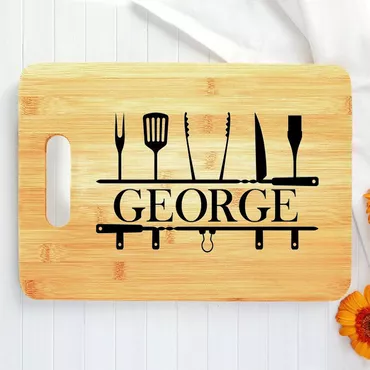 Personalized Name Charcuterie Board Chic With Kitchen Utensils Pattern Minimalist Gift For Her