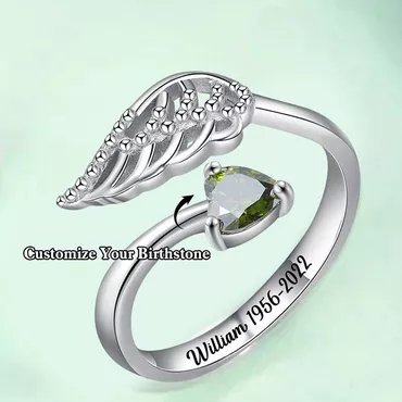 Personalized Birthstone Ring With Chic Wings Memorial Gift For Loved Ones