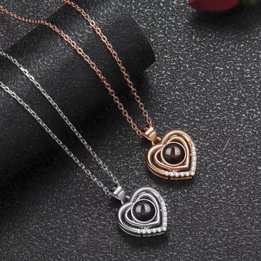Sterling Silver Personalized Photo Chic Projection Necklace-double Heart